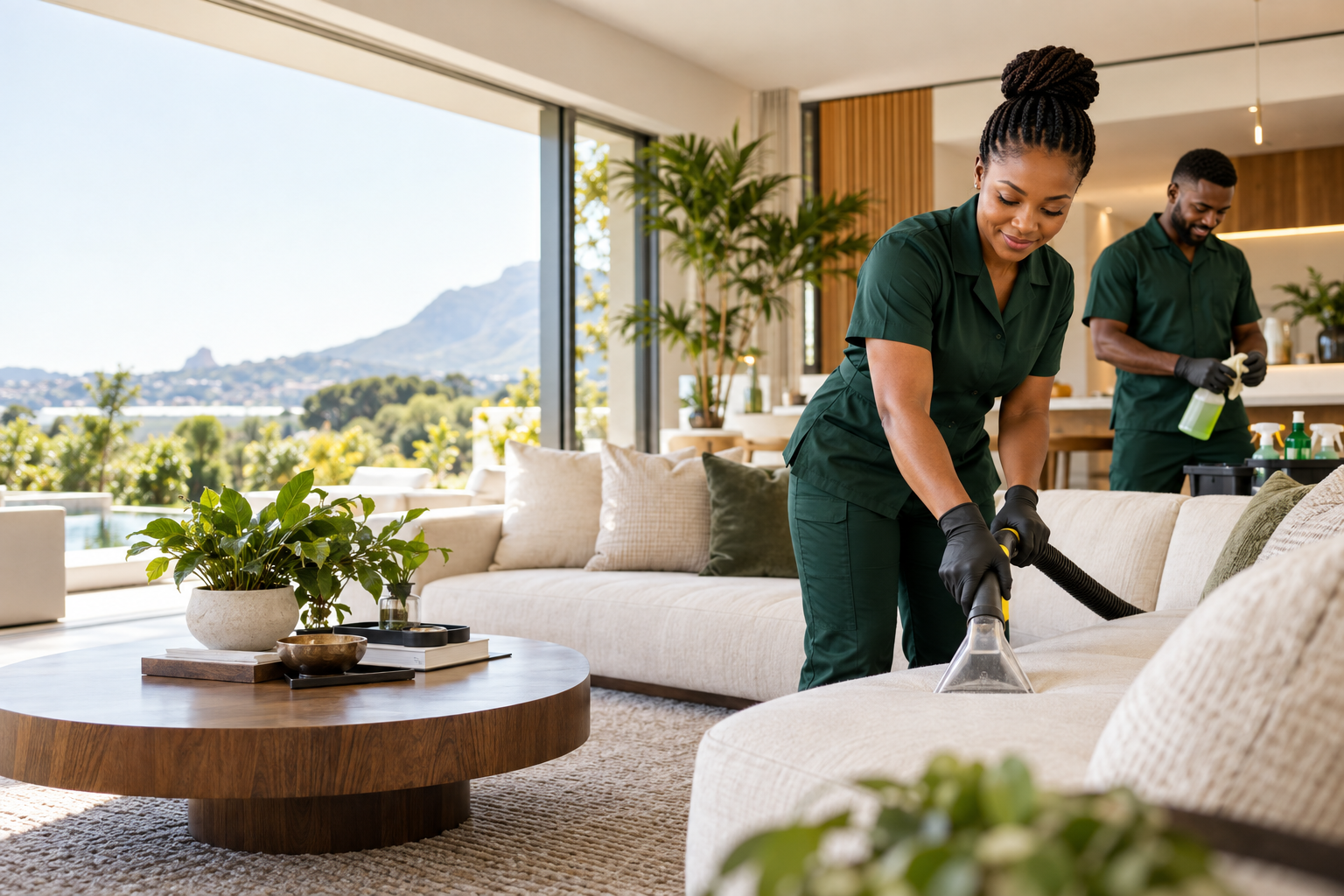Black cleaning professionals deep-cleaning a modern Durban living room